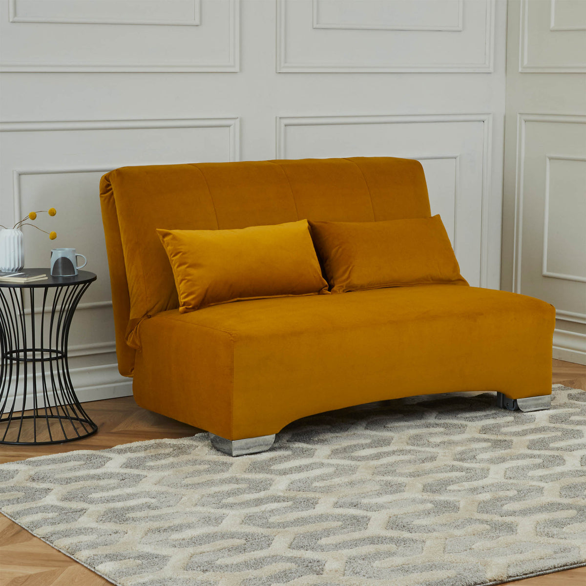 Cortez Mustard Velvet Upholstered Pull Out Sofa Bed