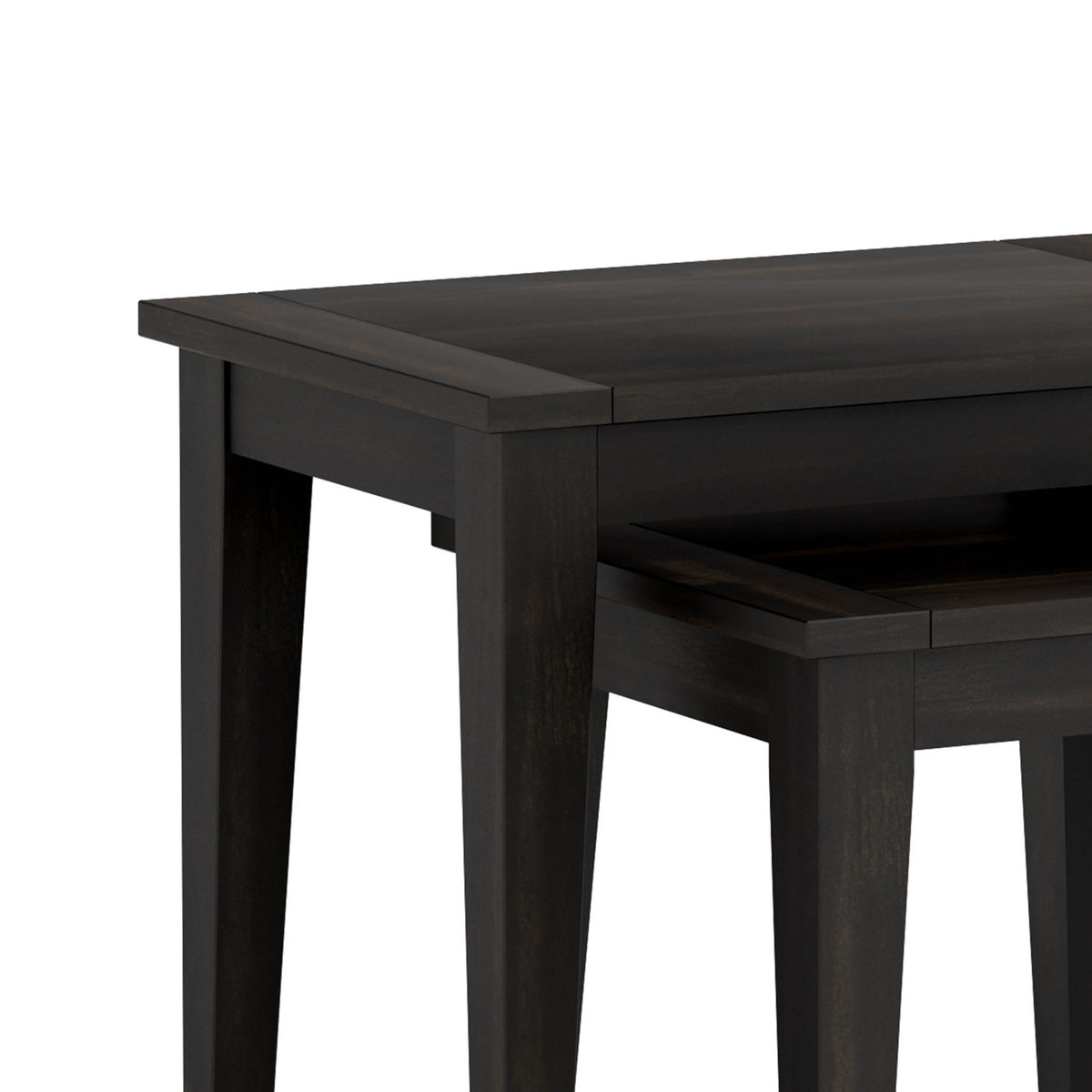 Elise Noir Black Acacia Nest of Tables Set close up of wooden table top