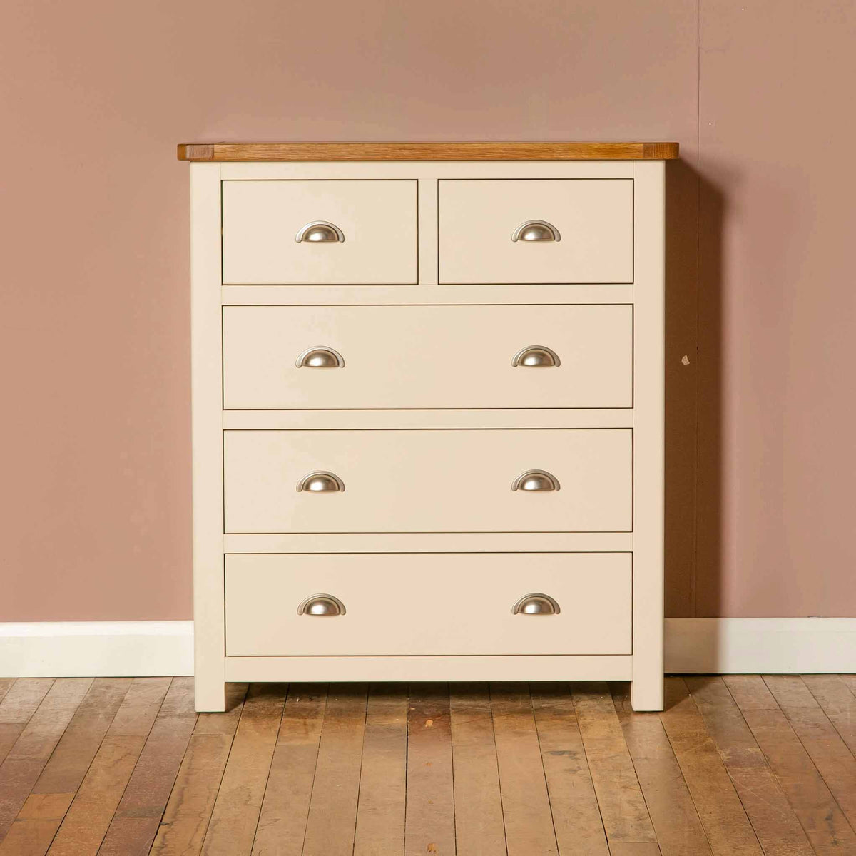 The Padstow Cream Wooden Bedroom Chest of Drawers with Oak Top from Roseland Furniture