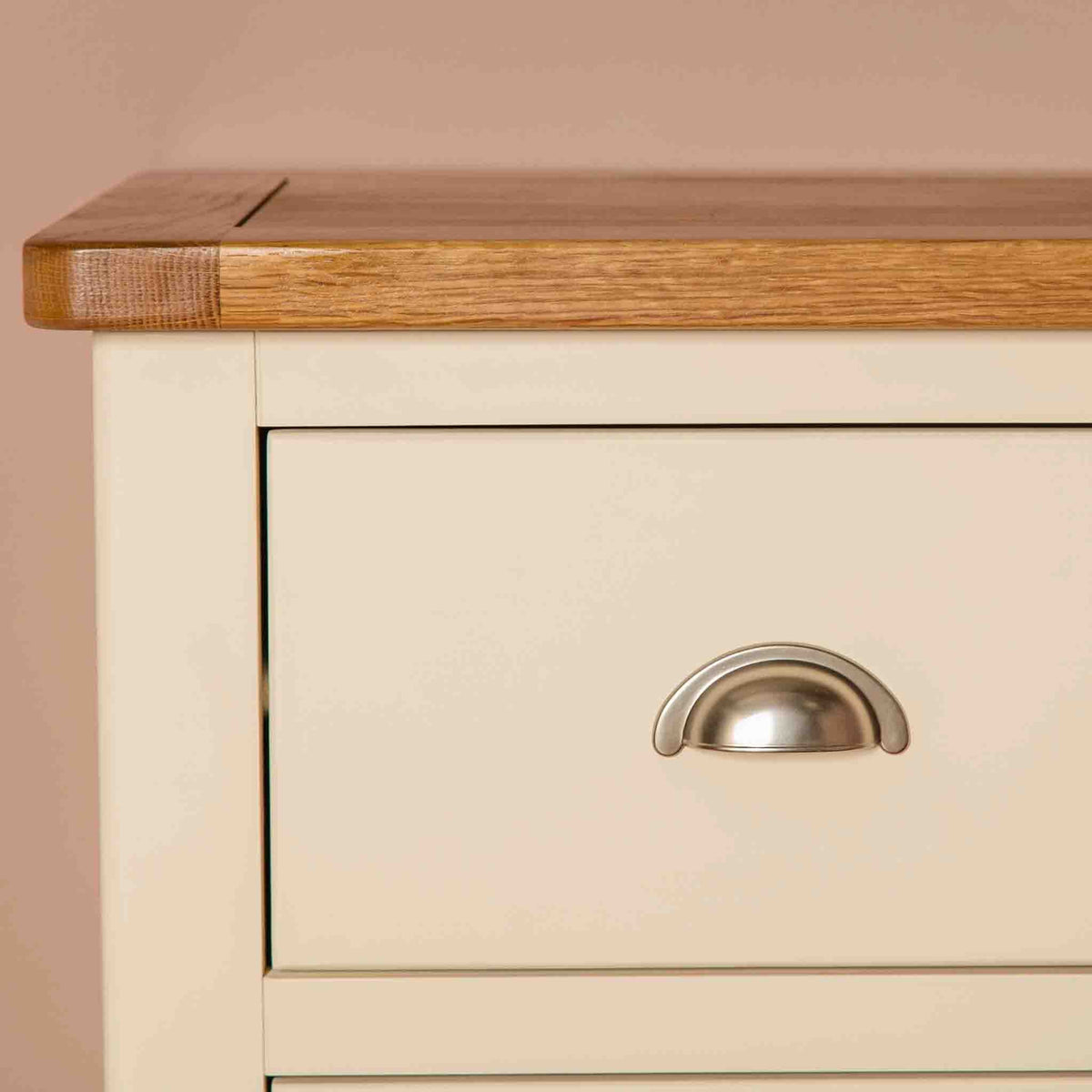 Close up Oak Top on  The Padstow Cream Wooden Chest of Drawers