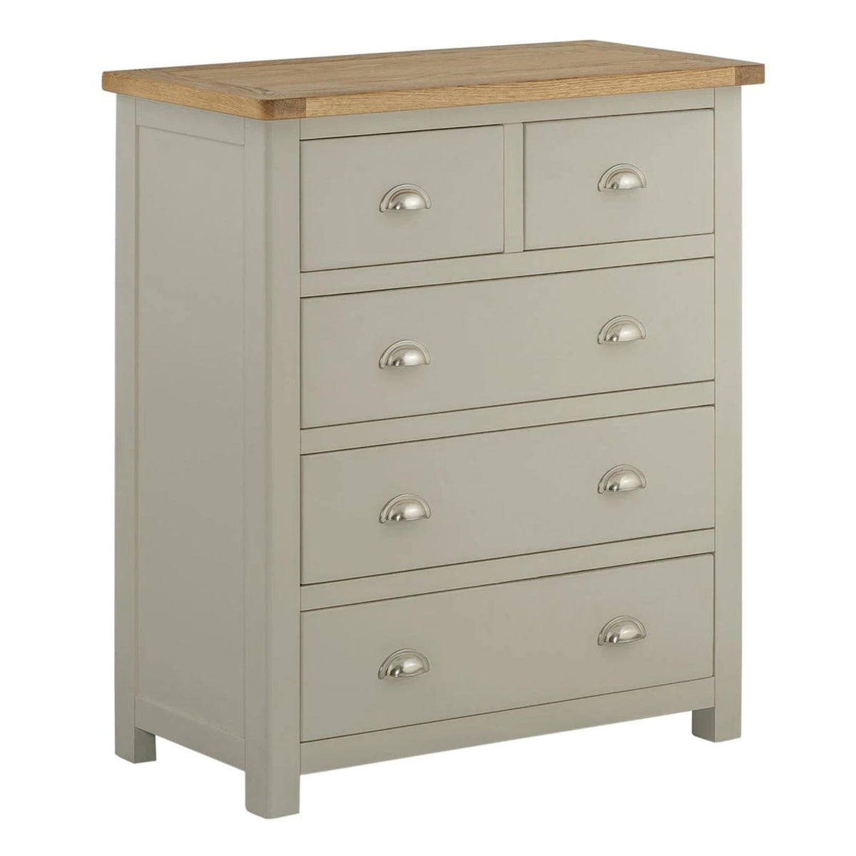 The Padstow Grey Wooden Chest of 5 Drawers with Oak Top 