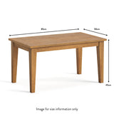 A wooden rectangular table stands alone, its dimensions annotated: 85cm width, 50cm depth, 45cm height. Text at the bottom reads "Image for size information only".