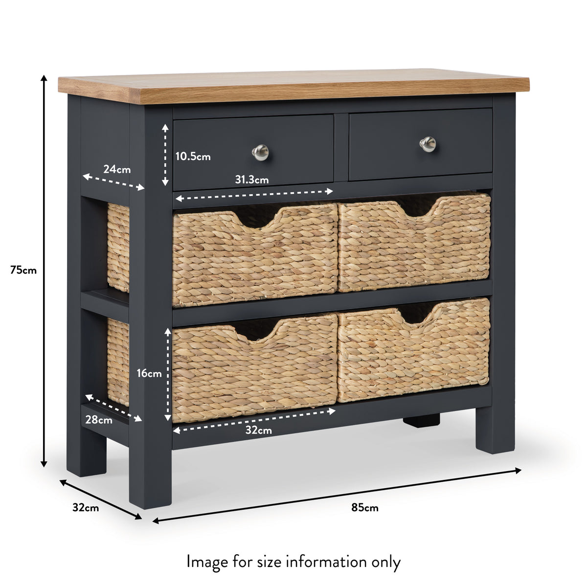 Farrow Charcoal Console Table with Baskets dimensions