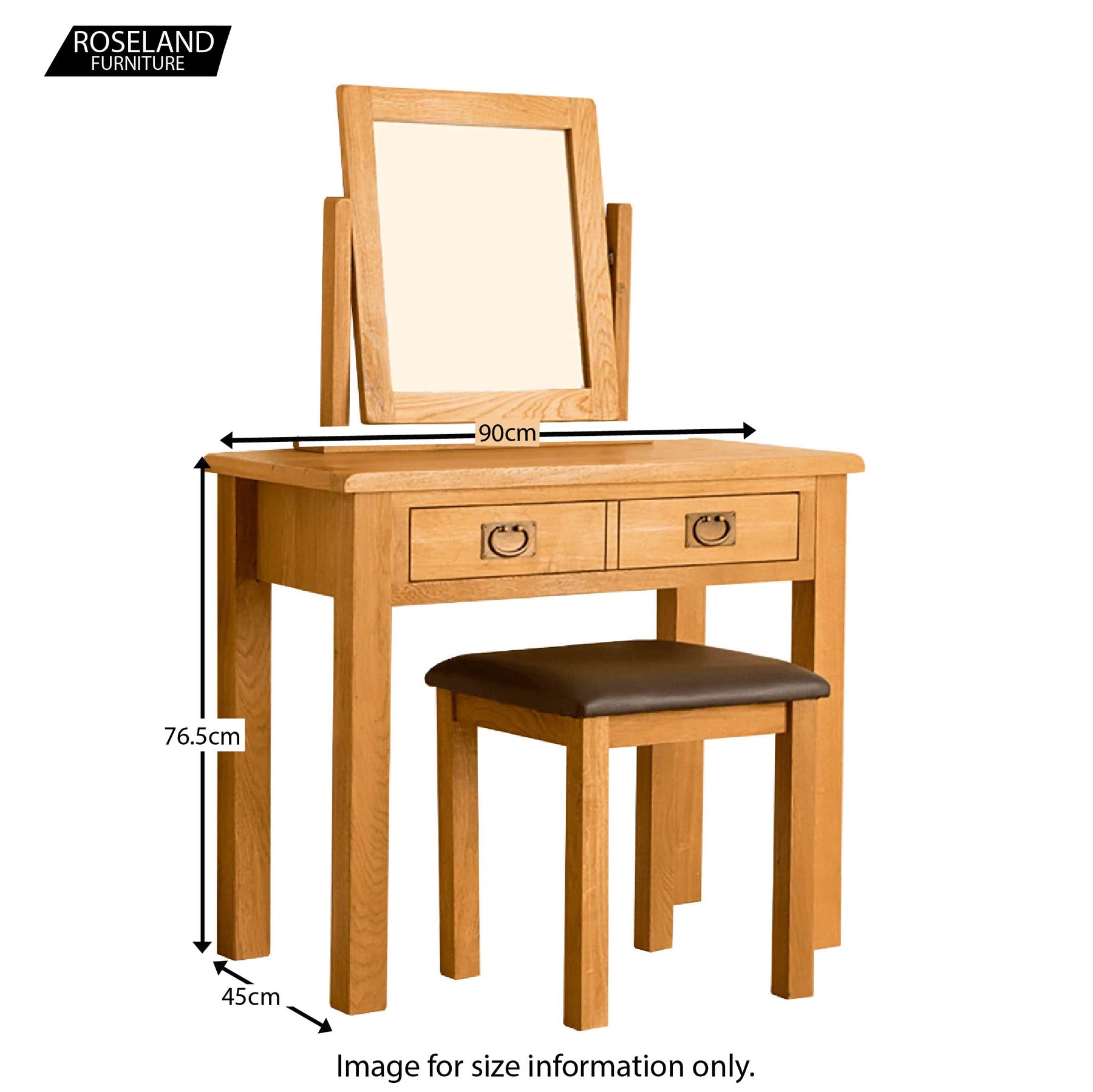 Lanner Oak Dressing Table Set - Size Guide