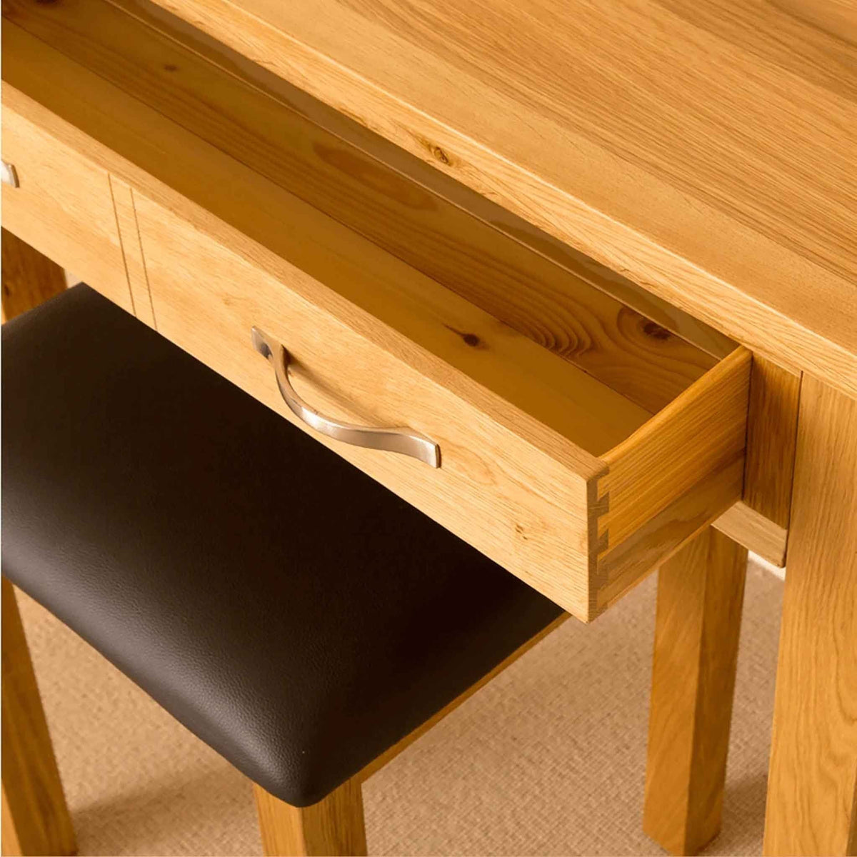Drawer and stool closeup - Newlyn Oak Dressing Table Set
