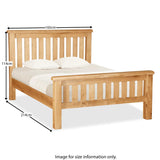 A wooden bed with dimensions labeled; headboard 114cm high, bed width 165cm, and total length 214cm. Text: "Image for size information only."