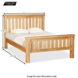 A wooden bed with two pillows, dimensions marked as 195cm wide, 114cm high, and 217cm long. Logo: Roseland Furniture. Text: "Image for size information only."