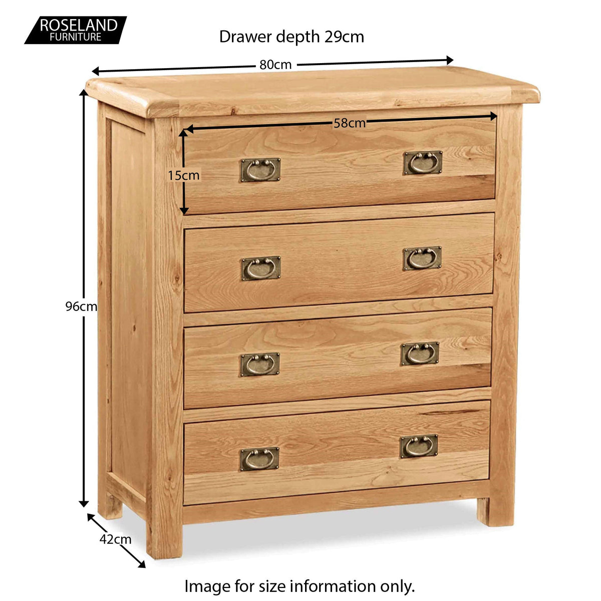 Zelah Oak 4 Drawer Chest - Size Guide