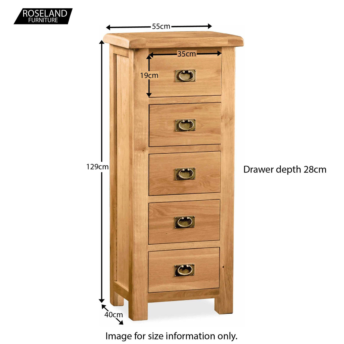  Zelah Oak 5 Drawer Tallboy Chest - Size Guide