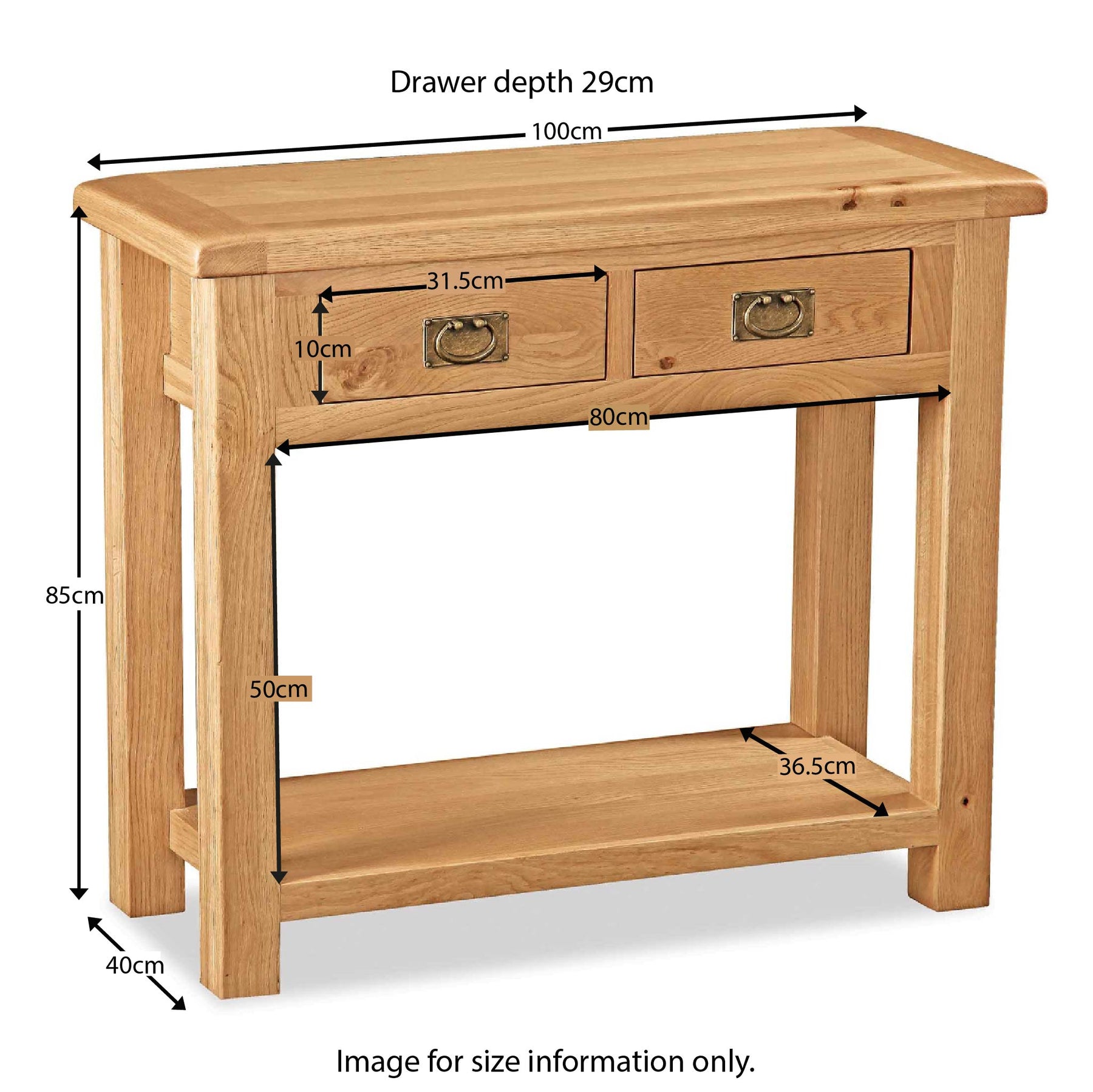 Zelah Oak Console Table - Size Guide