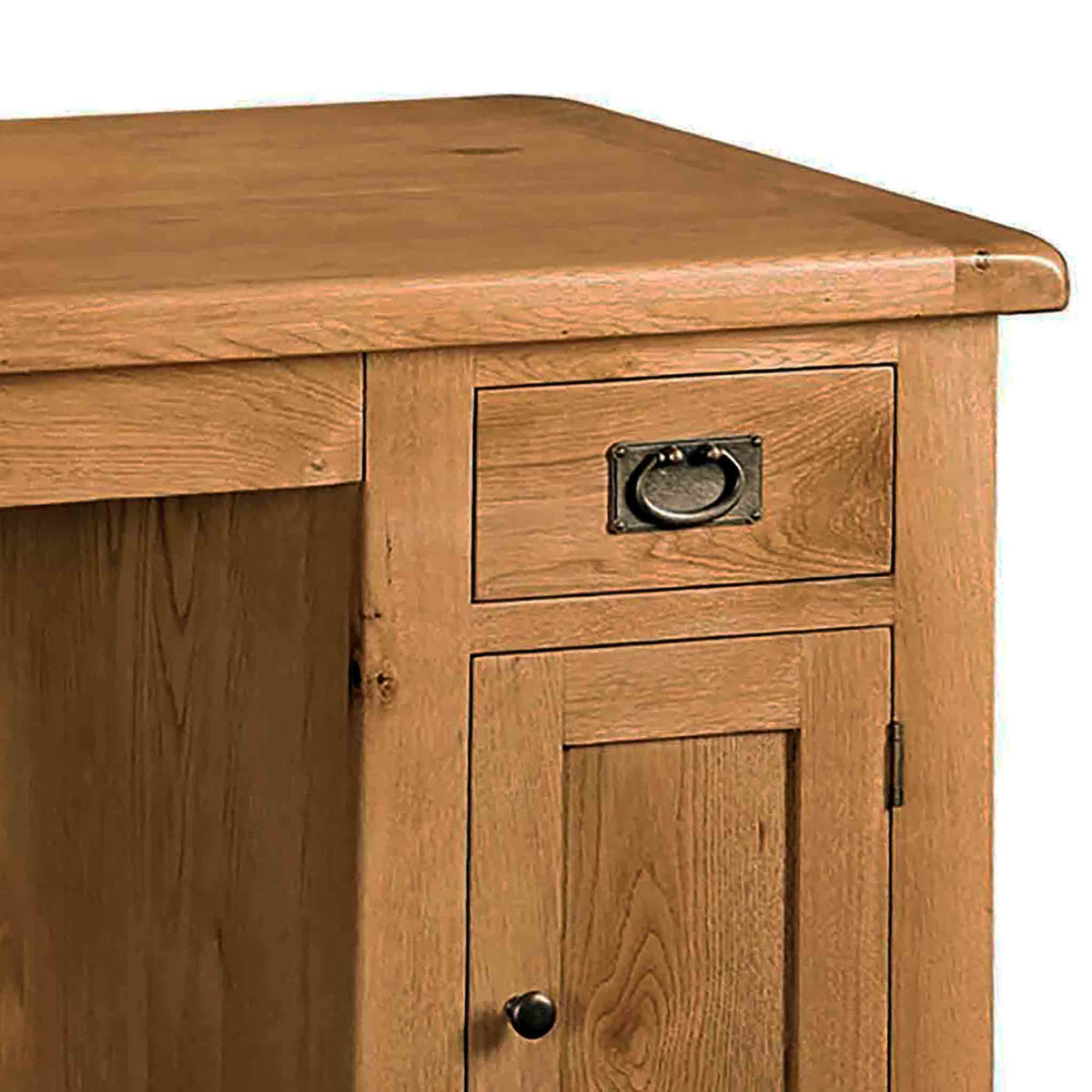 Zelah Oak Small Computer Desk - Close up of drawer and cupboard