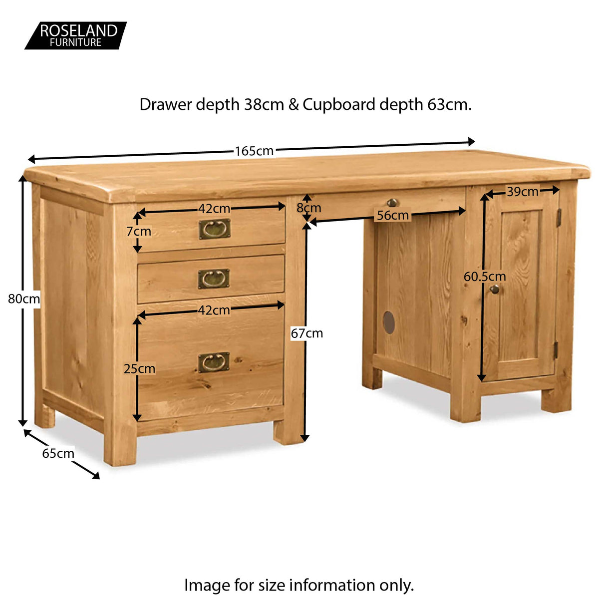Zelah Oak Large Desk - Size Guide