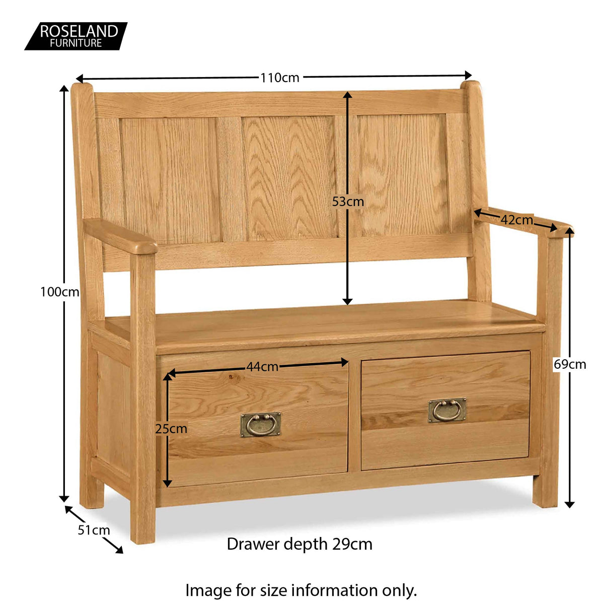Zelah Oak Monks Bench - Size Guide