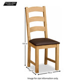 Wooden chair with brown cushioned seat; dimensions shown.