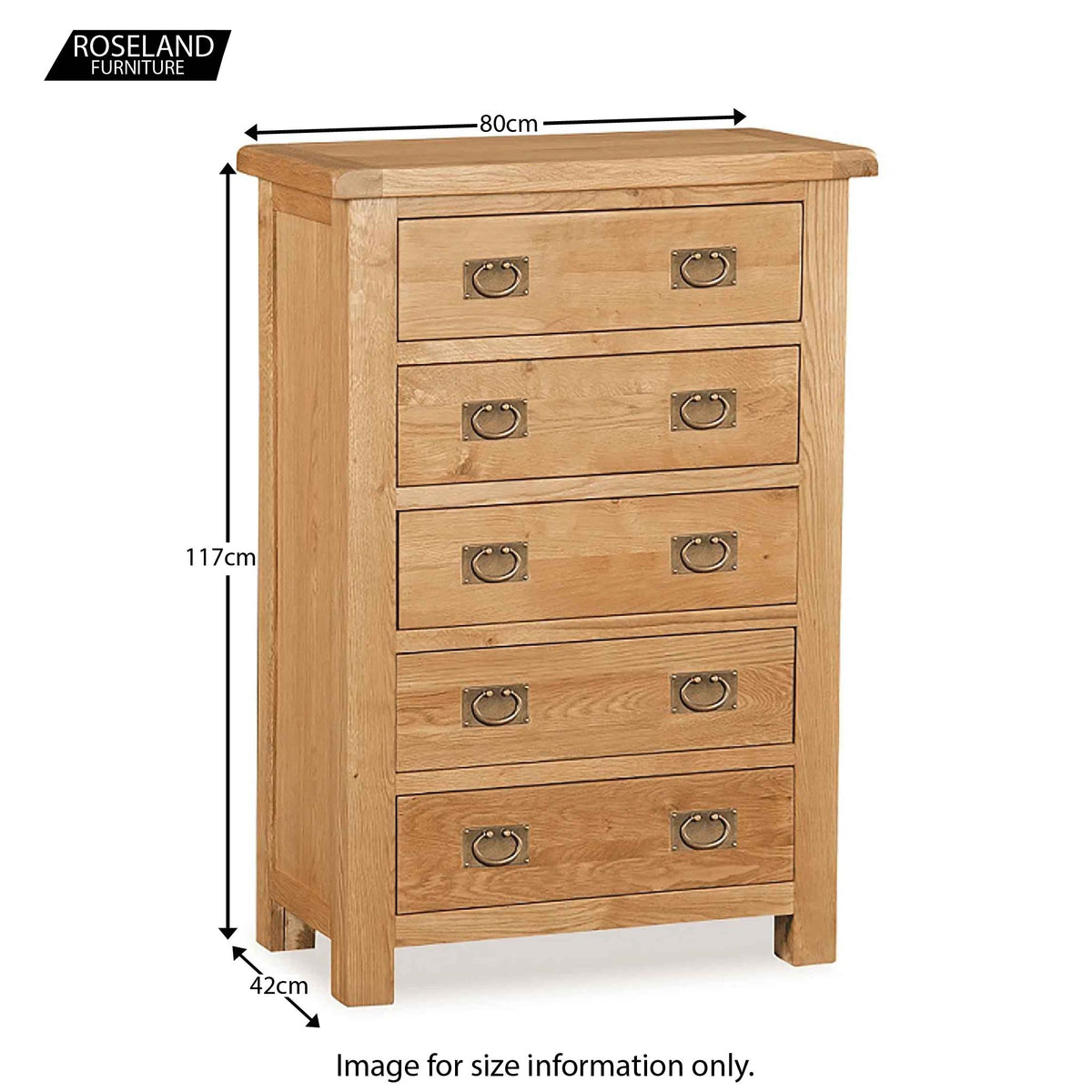 Zelah Oak 5 Drawer Chest of Drawers - Size Guide