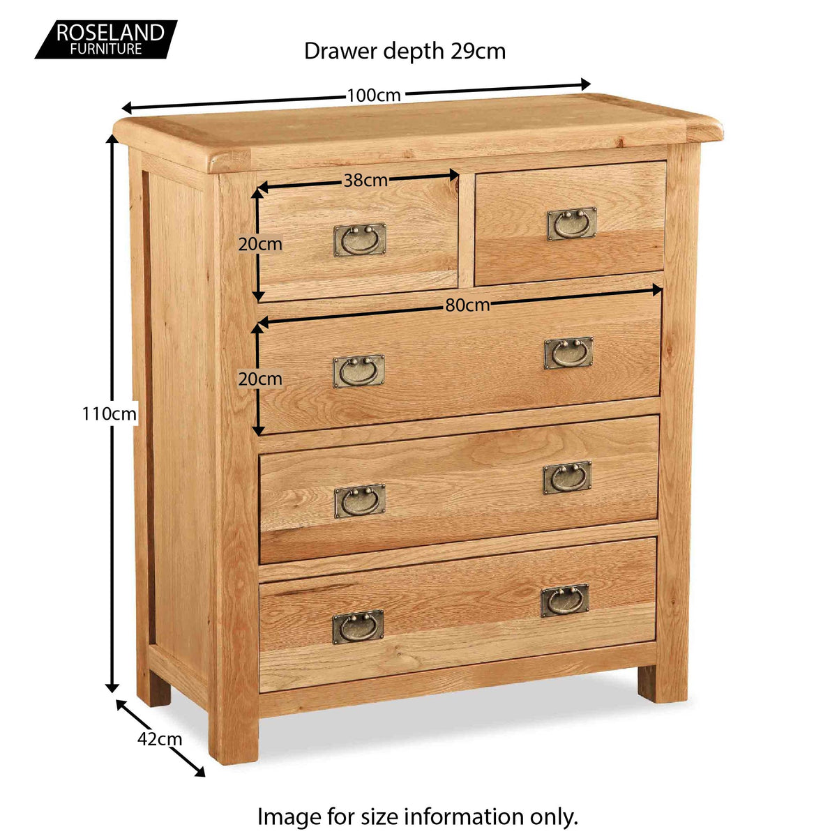 Zelah Oak 2 over 3 Drawer Chest of Drawers - Size Guide