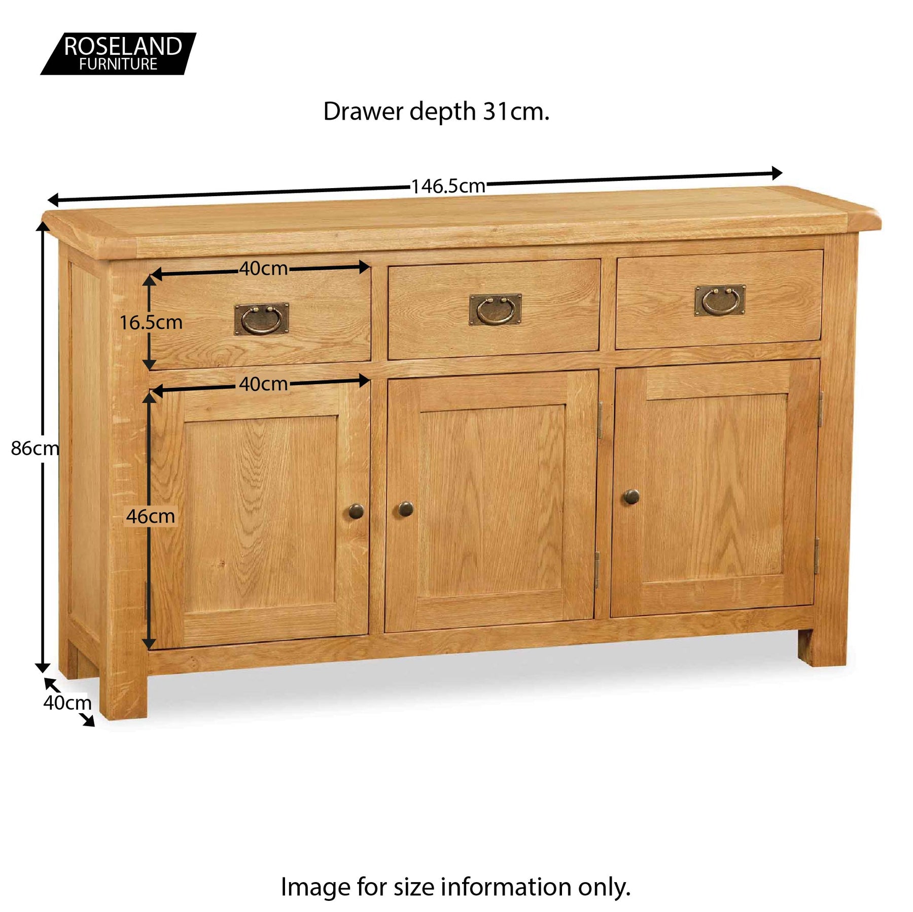 Zelah Oak Large Sideboard - Size Guide