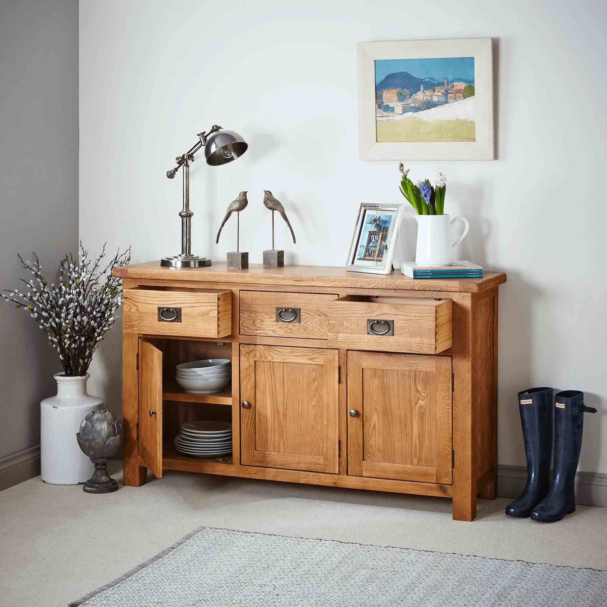 Zelah Oak Large Sideboard with drawer and cupboard open