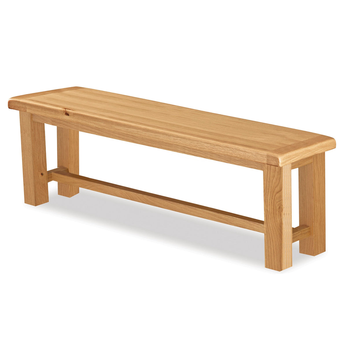 A wooden bench with a simple, sturdy design isolated against a white background.