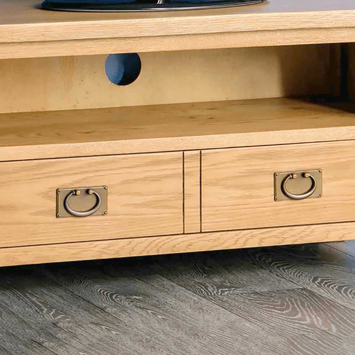 Surrey Oak waxed TV stand 90cm - Close up of drawer