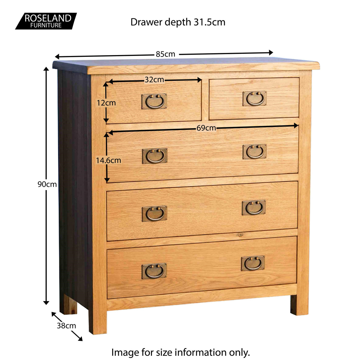 Surrey Oak 2 Over 3 Chest of Drawers - Size guide