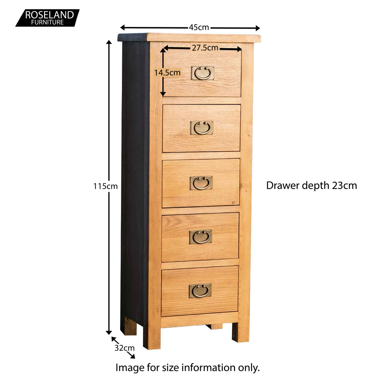 Surrey Oak 5 drawer tallboy chest - Size guide