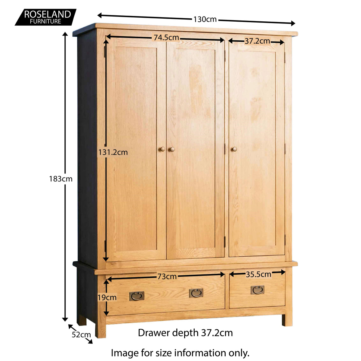 Surrey Oak Triple Wardrobe - Size guide