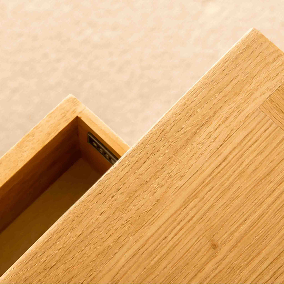 Open drawer on a London Oak Telephone Table by Roseland Furniture