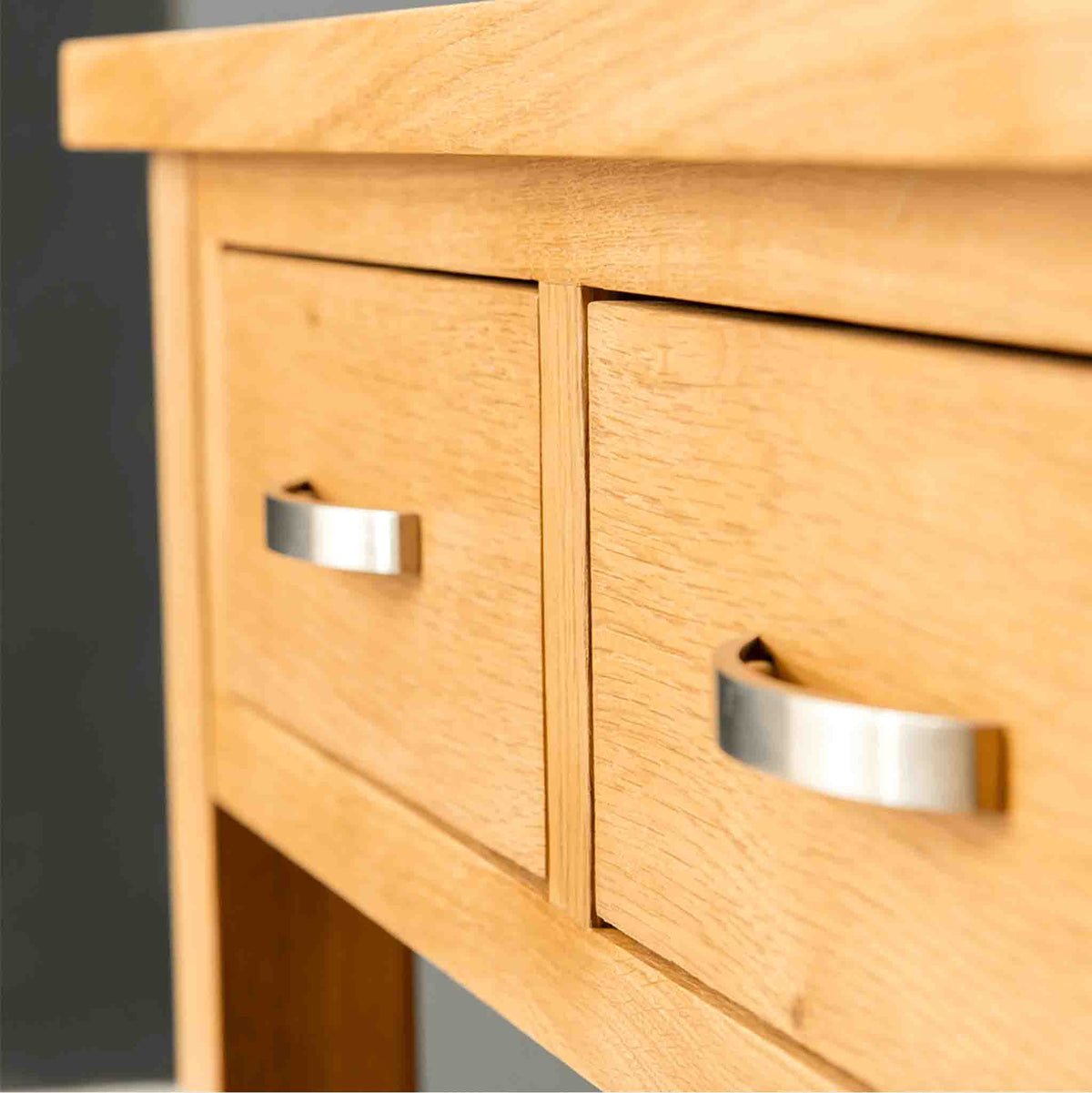 Metal handles on the London Oak Console Table by Roseland Furniture