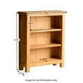 A wooden bookshelf with three shelves is showcased for its dimensions, with measurements displayed: 82.8cm high, 70cm wide, and shelves 20cm deep. The brand "Roseland Furniture" is visible, with a note "Image for size information only."