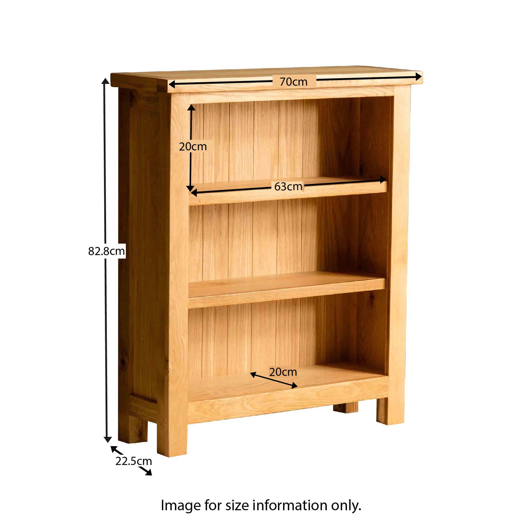 A wooden bookshelf with three shelves is showcased for its dimensions, with measurements displayed: 82.8cm high, 70cm wide, and shelves 20cm deep. The brand "Roseland Furniture" is visible, with a note "Image for size information only."
