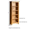 A tall wooden bookshelf with dimensions labeled stands against a white background. Measurements note shelf lengths, depths, and spacing. Text: "Roseland Furniture. Shelf depth 18cm. Bottom Shelf depth only. Image for size information only."