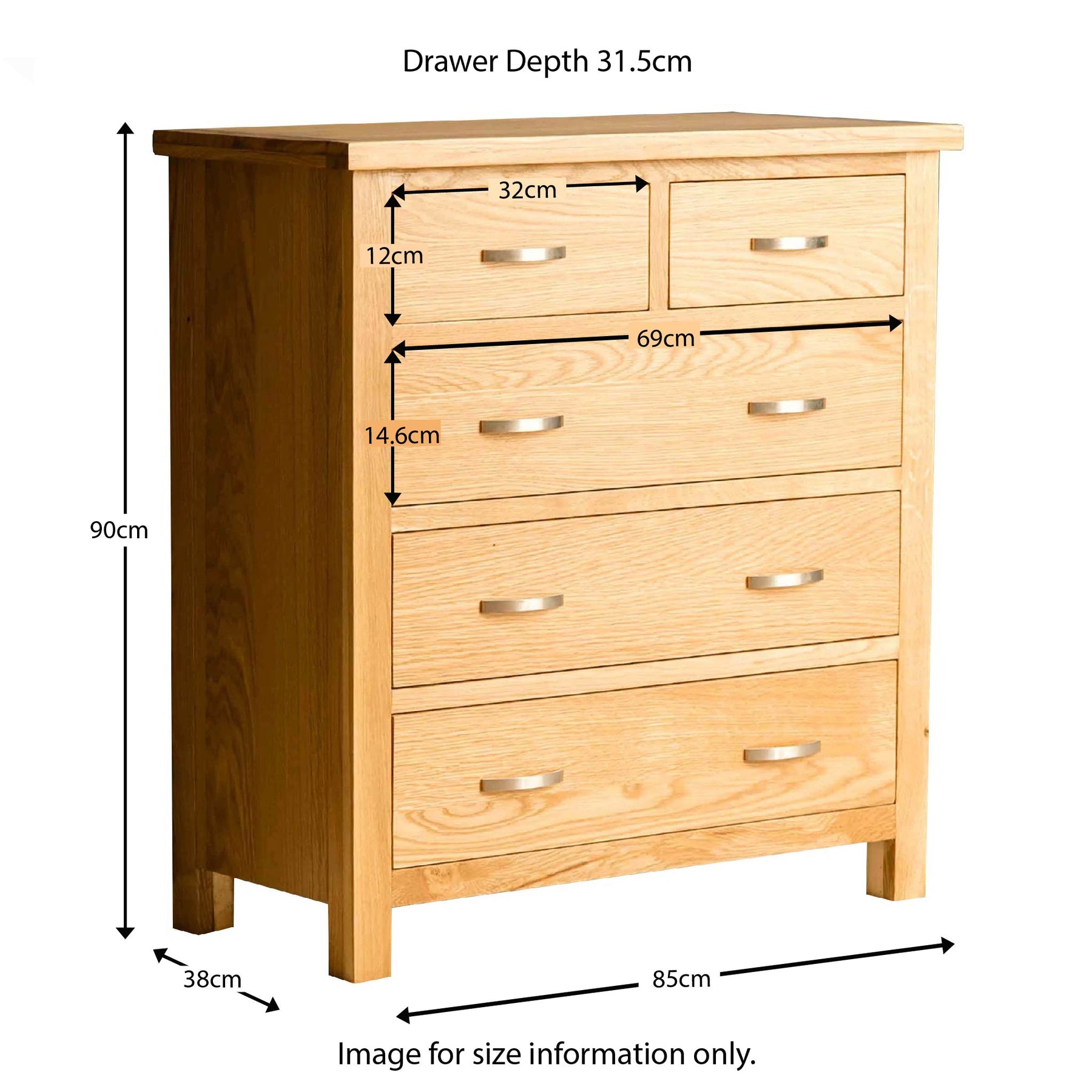 London Oak 2 over 3 Drawer Chest - size guide