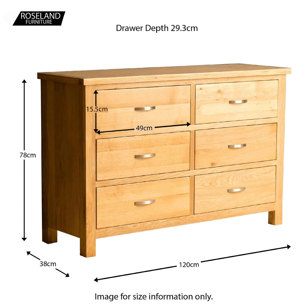 London Oak Large 6 Drawer Chest of Drawers - size guide