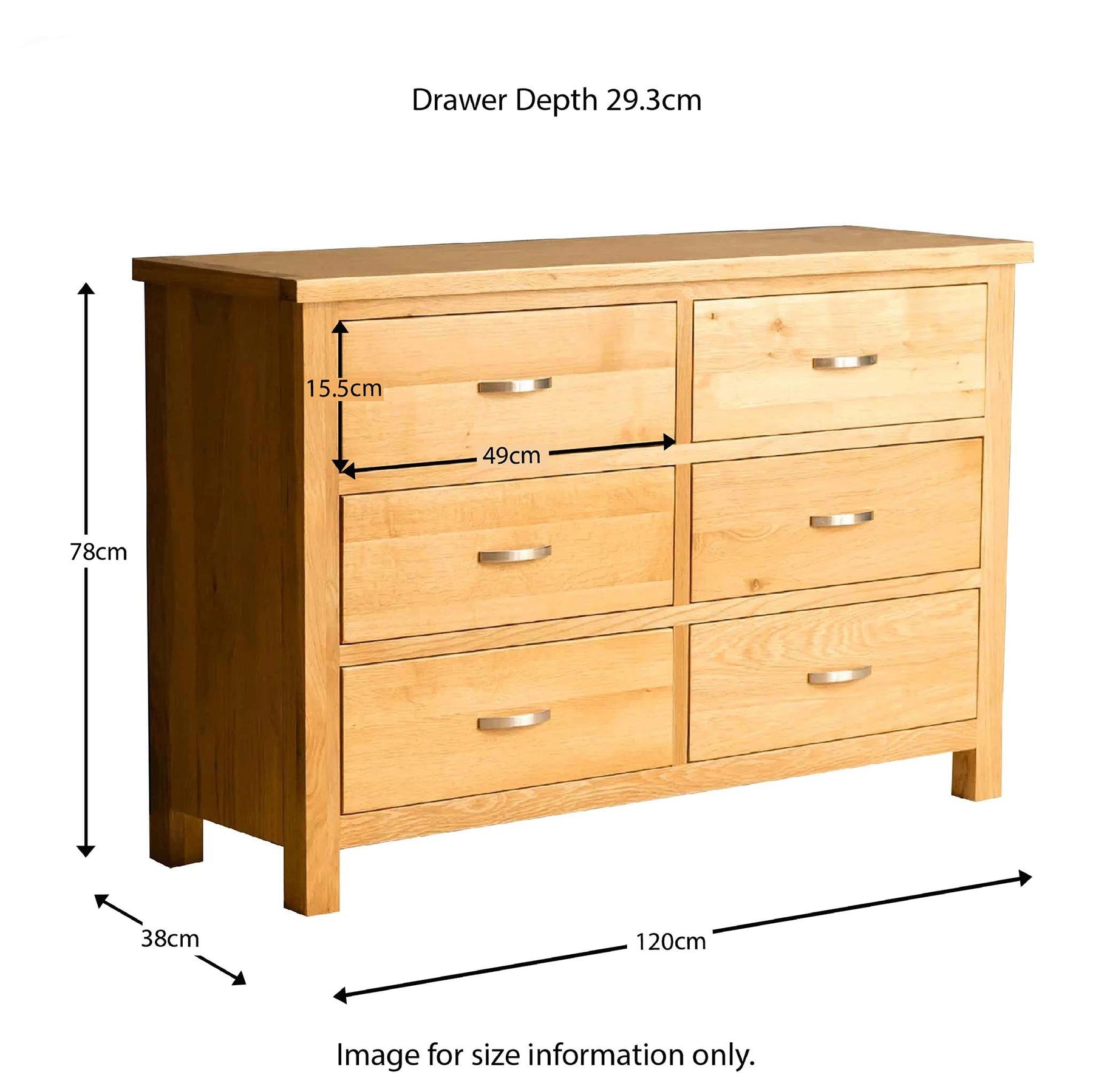 London Oak Large 6 Drawer Chest of Drawers - size guide