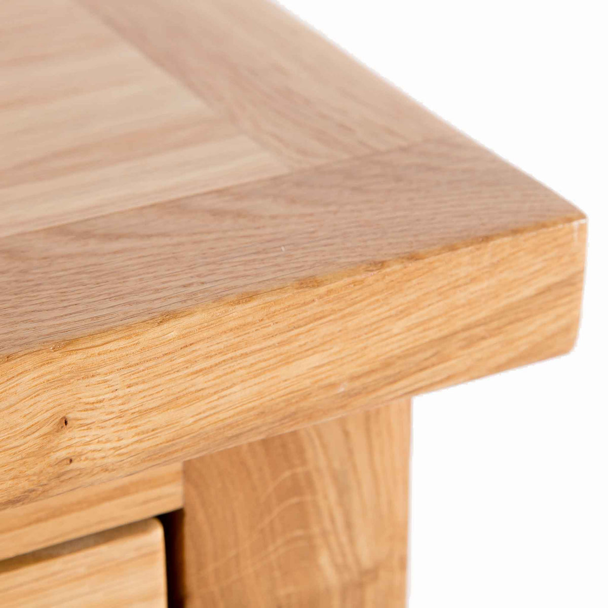 London Oak Tallboy Chest - Close up of the top corner of tallboy