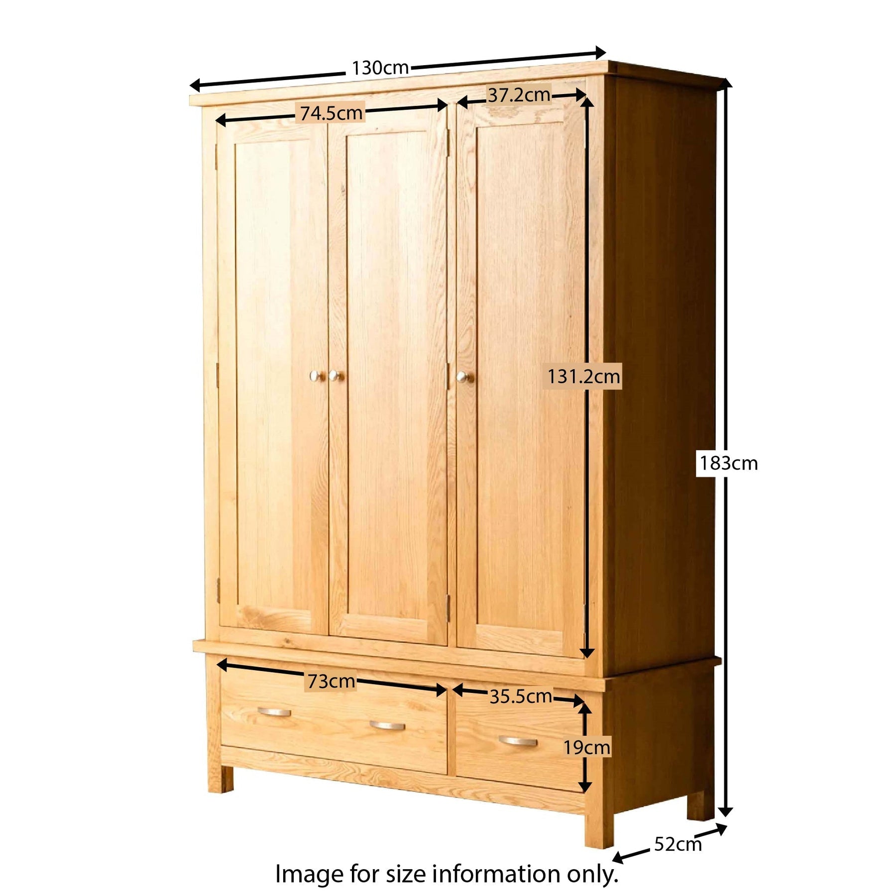 G2625 London Oak Triple Wardrobe with Drawers - Size Guide