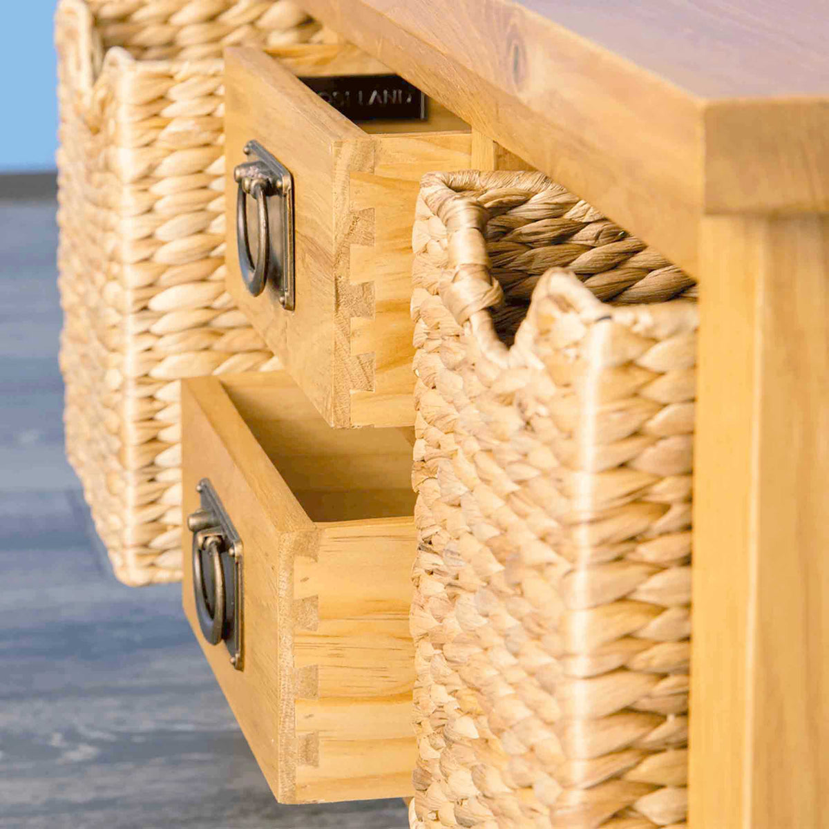 Surrey Oak Coffee Table with Baskets - Close up from side