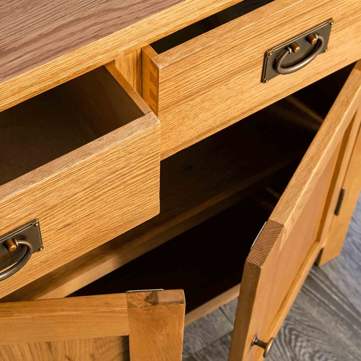 Surrey Oak Mini Sideboard with drawers and doors open