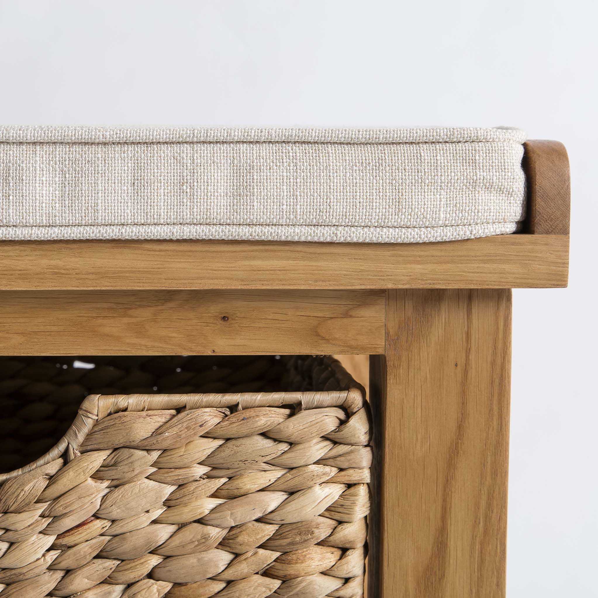 Storage bench with shop baskets and cushion