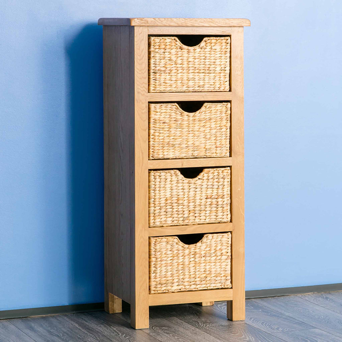 Surrey Oak Tallboy with Baskets - Lifestyle side view