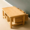 London Oak Coffee Table with Baskets - Lifestyle with drawers and baskets open