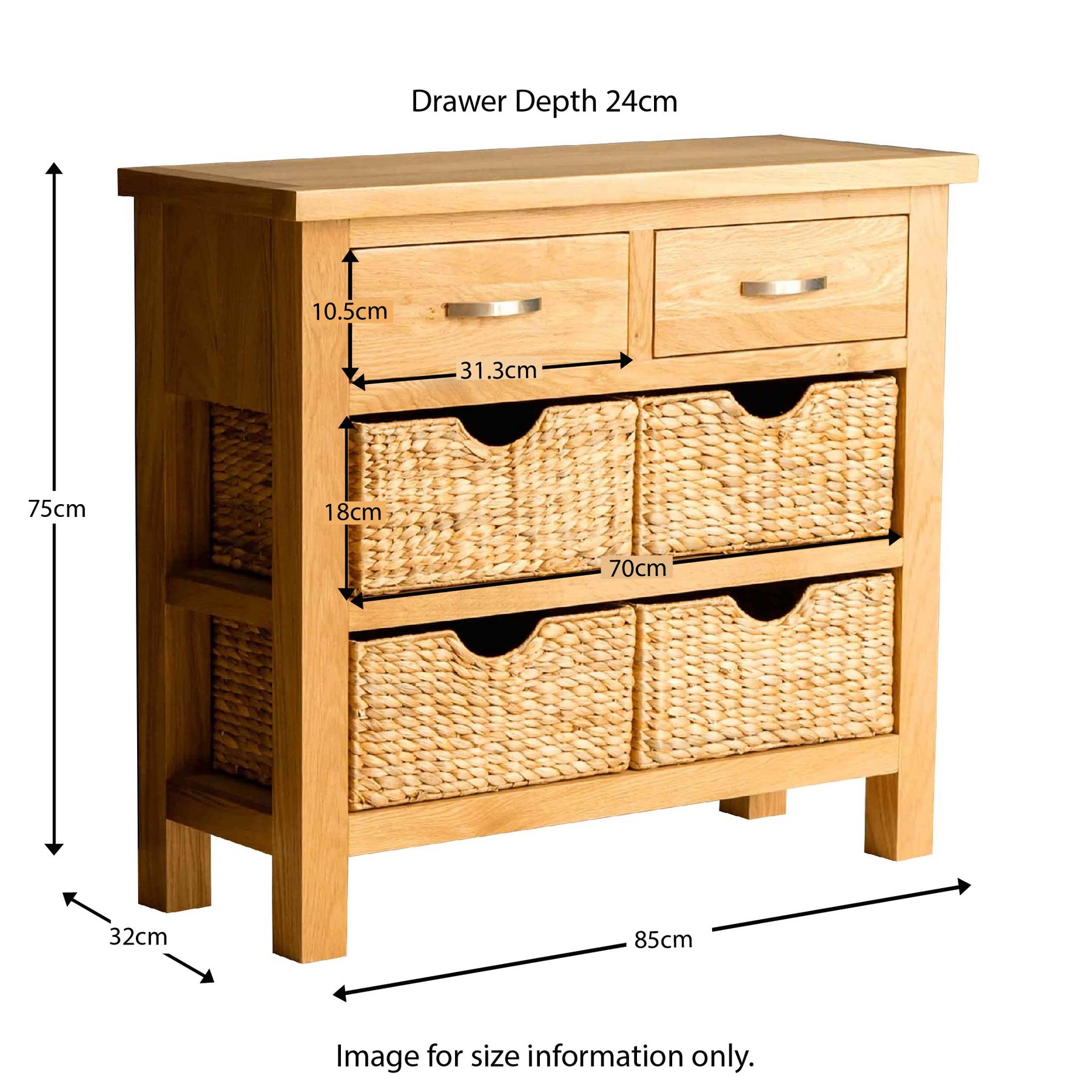 London Oak Console Table with Baskets - Size guide