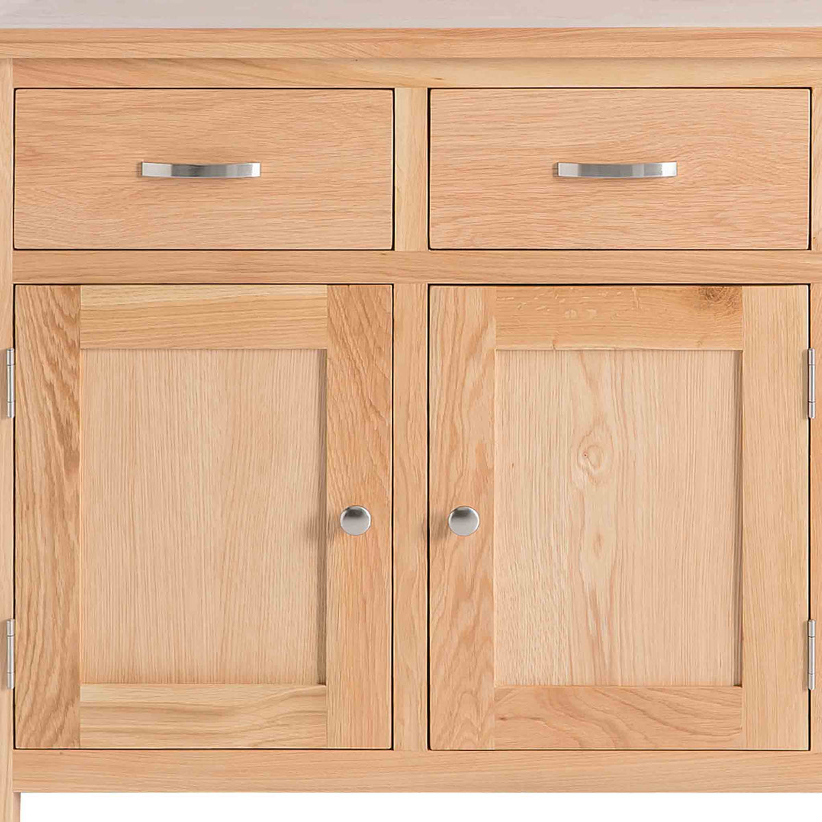 London Oak Mini Sideboard - Close up of front of cupboard, showing cupboard doors and drawers