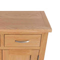 London Oak Mini Sideboard - Close up of the corner Oak top on the sideboard