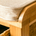 Close of of the padded seat on a London Oak Hall Bench.