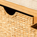 Close up of the London Oak Hall Bench's baskets. 
