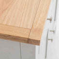Close up of the oak top corner on the Farrow Grey Mini Sideboard