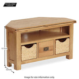 Zelah Oak Corner TV Stand with Baskets - Size Guide