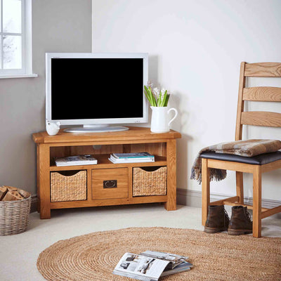 Zelah Oak Corner TV Stand with Baskets